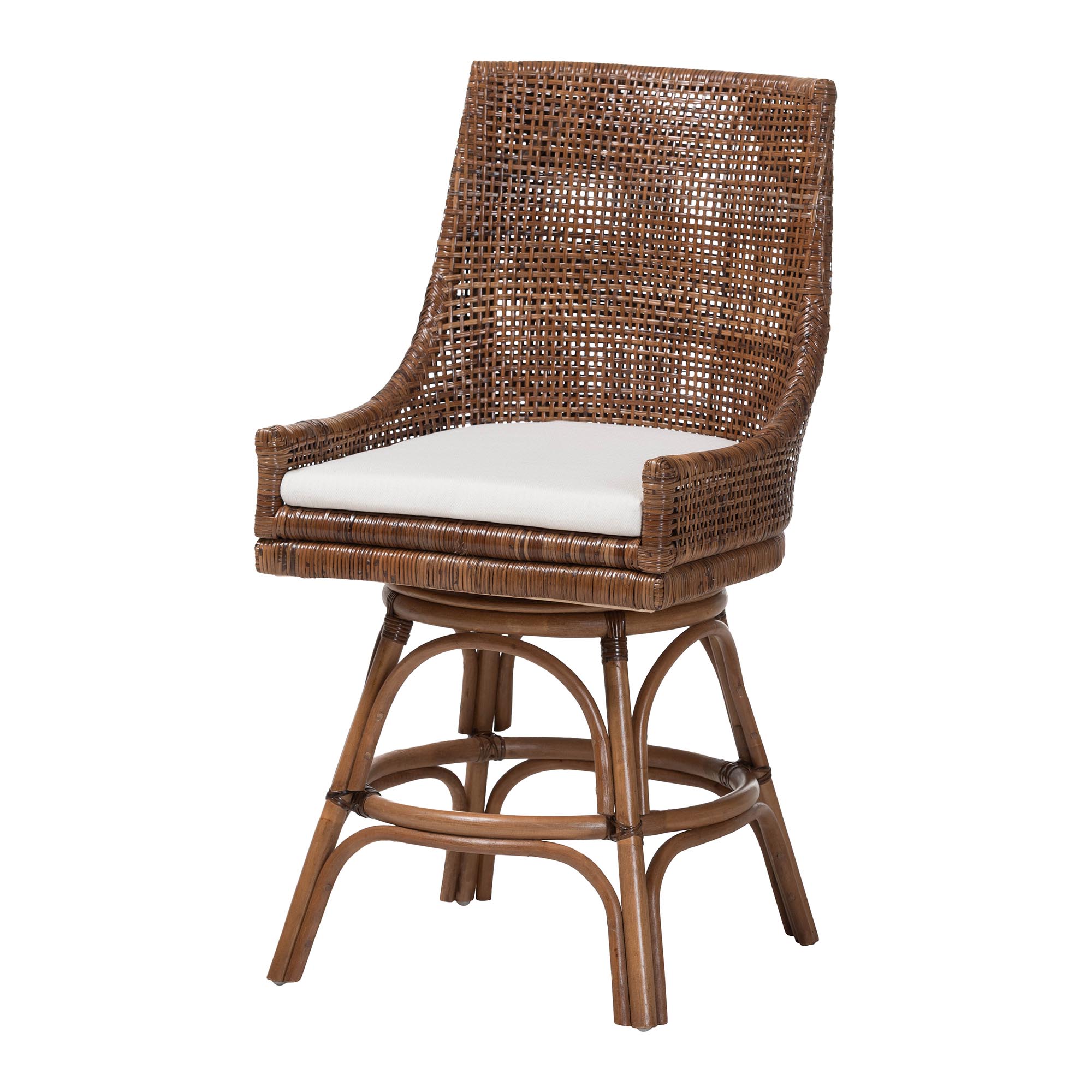 bali & pari Bella Swivel Rattan Counter Stool with Cushion - Handwoven Wicker Kitchen Island Seating with Backrest and Footrest, Coffee Bean